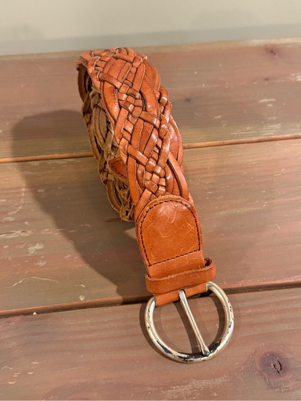 Braided Leather Belt in Light Tan with Silver Buckle